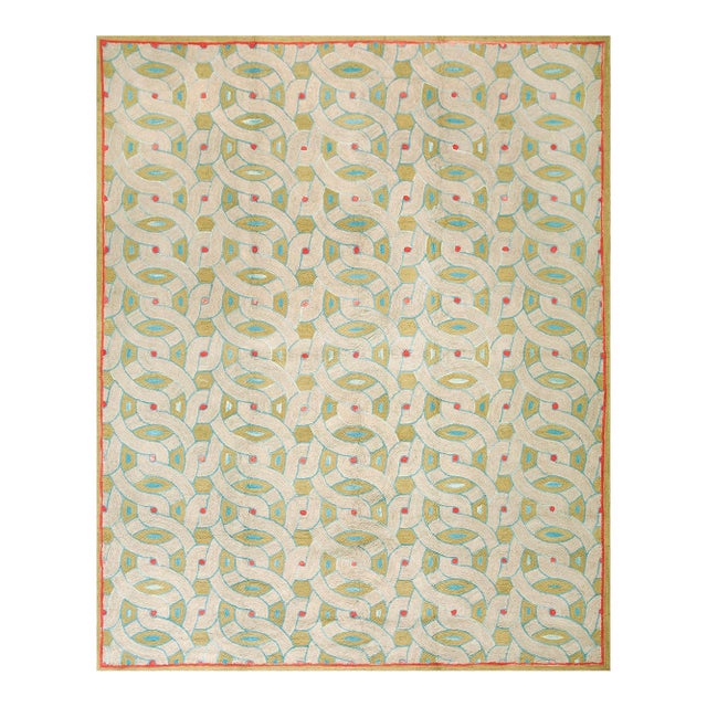 2020s Green Modern Geoemtric Contemporary Carpet Handmade Cotton Hooked Rug 8' X 10' For Sale