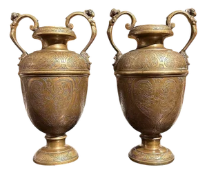 Engraved Bronze Vases, Set of 2