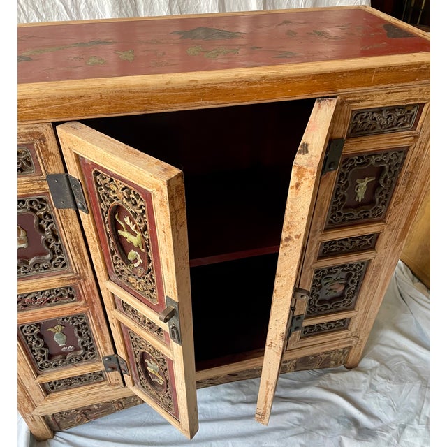 Red Mid 20th Century Asian Red Brown Sideboard/Cabinet Carved Wood Applied Hardstone Figural For Sale - Image 8 of 15