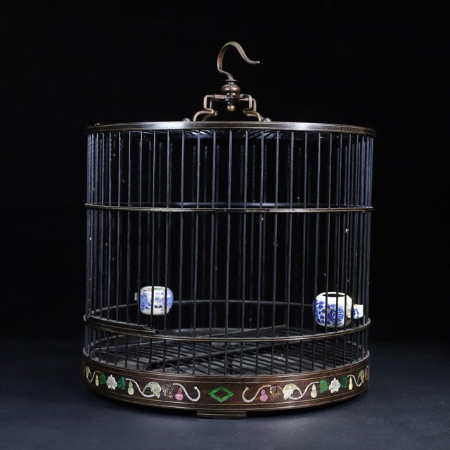 Wood Late 19th Century Dark Wood Birdcage With Mother-of-Pearl Inlay and Porcelain Cups For Sale - Image 7 of 10