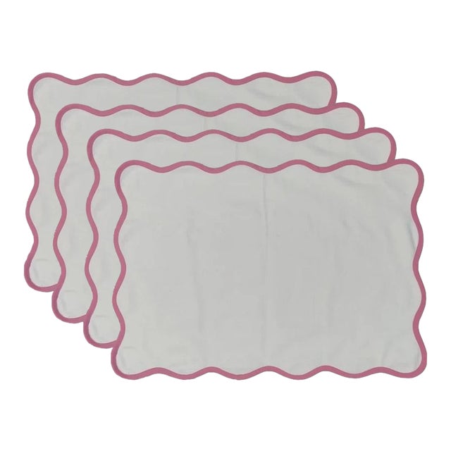 Handmade Scalloped Placemats, White with Pink Piping - Set of 4 For Sale