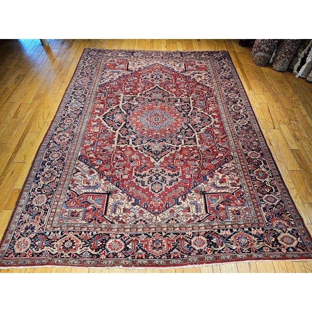 Persian Vintage Oversized Persian Heriz Serapi, Hand-Knotted, Geometric Medallion Pattern, Red & Blue, 11x15 For Sale - Image 3 of 11