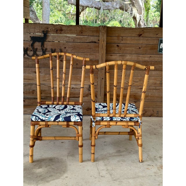 Tan Vintage Coastal Boho Rattan Pagoda Style Side Chairs-Pair For Sale - Image 8 of 12