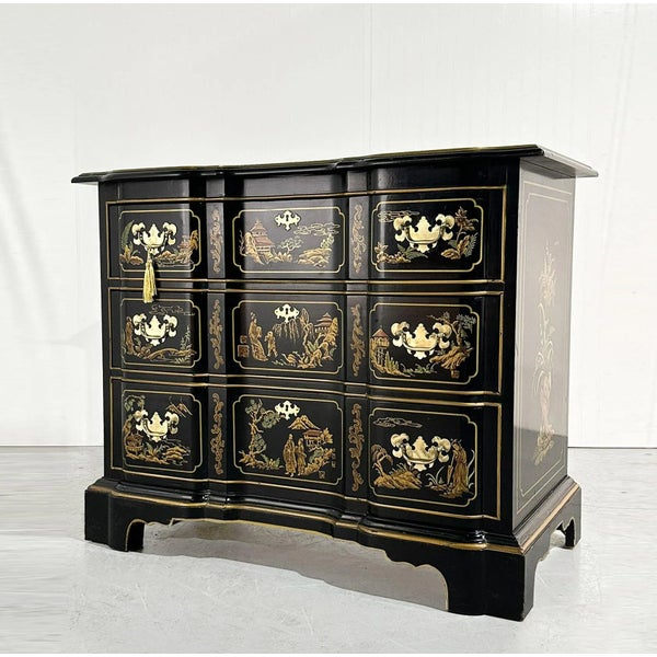 Vintage Chinoiserie Gilt Decorated Blockfront 3-Drawer Chest Et