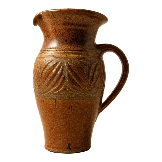 Studio Pottery Pitcher With Incised Leaf Decoration and a Speckled Glaze For Sale