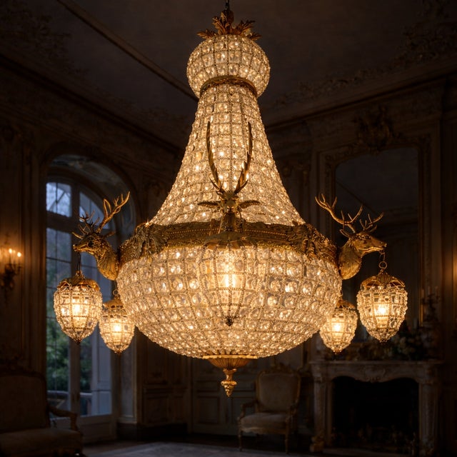 Mid-20thC French Louis XVI Gilt Bronze Deer Chandelier For Sale - Image 6 of 9