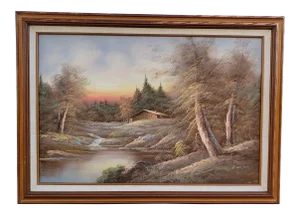 Vintage 1970's Forest Landscape Oil Painting on Canvas by H. Wilson