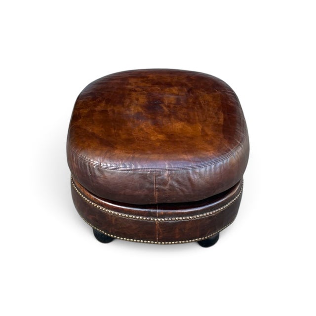 1960s Vintage Oval Brown Leather Ottoman With Brass Nailhead Trim and Rounded Feet For Sale - Image 5 of 10