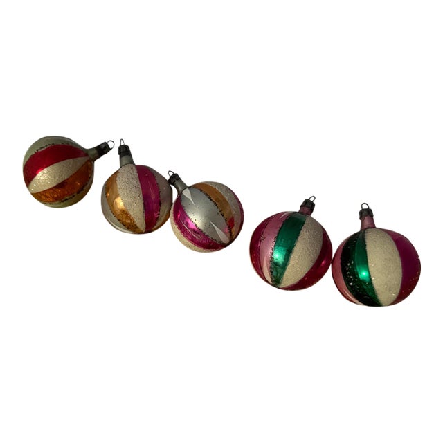 Pre-Wwii Striped Polish Ornaments With Mica Stenciling- Set of 5 For Sale