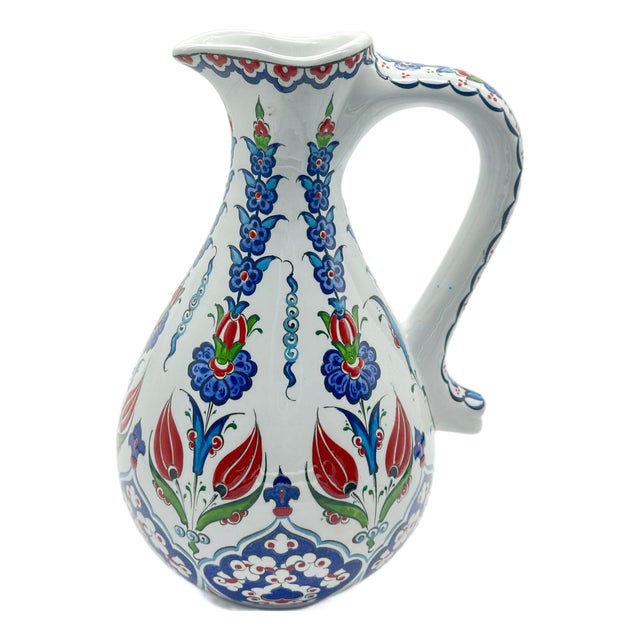 Handmade Ceramic Pitcher (25cm) – Red Tulips & Blue Hyacinths – Elegant Slender Form For Sale