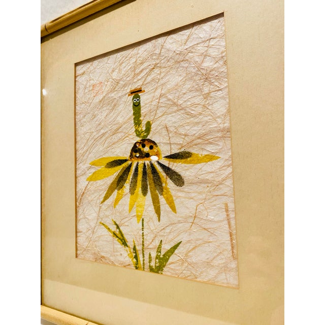 Wood 1960s Mid Century Modern Yellow Daisy & Worm Signed Japanese Potato Print For Sale - Image 7 of 9