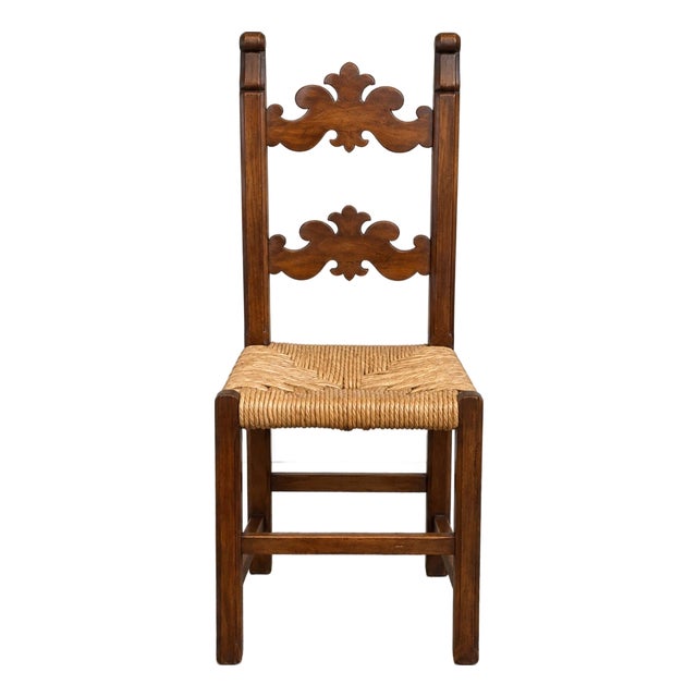 Vintage Italian Carved Walnut Rush Seat Dining Chairs – Set of 6 For Sale