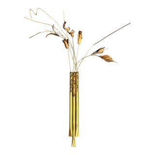 Vintage 1970s Harold Kerr Signed Modernist Brutalist Brass Cattail Wall Pocket Sculpture For Sale