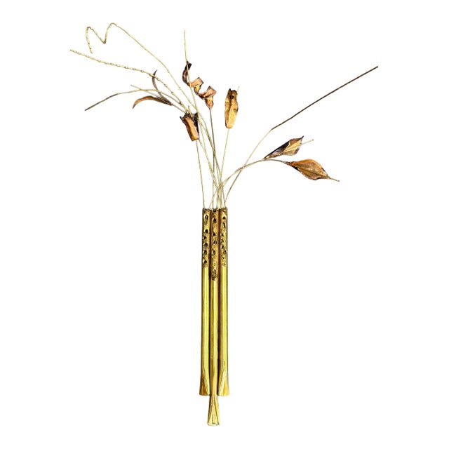 Vintage 1970s Harold Kerr Signed Modernist Brutalist Brass Cattail Wall Pocket Sculpture For Sale
