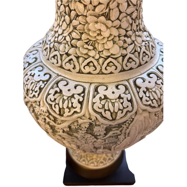 Plastic Vintage Asian Chinoiserie Relief-Carved Table Lamp With Pleated Shade For Sale - Image 7 of 7