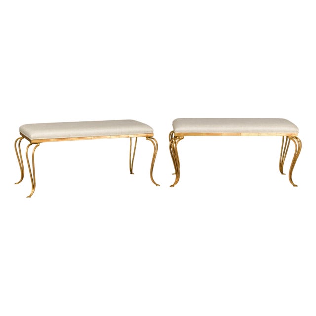 Midcentury French Gilt Metal Benches with Cabriole Legs and Upholstery, a Pair For Sale