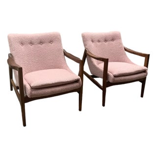 Modern Mid Century Style Lounge Chairs Solid Walnut Frames Pink Boucle For Sale