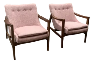 Modern Mid Century Style Lounge Chairs Solid Walnut Frames Pink Boucle