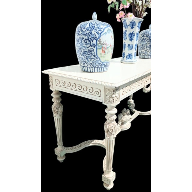 Vintage Off White Carved Urn Rose Louis Xvi, French Style Coastal Large Console Table For Sale - Image 9 of 12