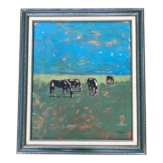 Contemporary Original Stephen Heigh Horse Painting “Horses in Pasture” Vintage Frame For Sale