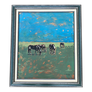 Contemporary Original Stephen Heigh Horse Painting “Horses in Pasture” Vintage Frame