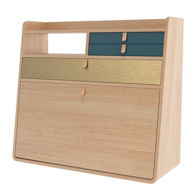 Contemporary Petrol Blue Drawers Gaston Floating Writing Desk in Natural Oak by Harto For Sale - Image 3 of 5