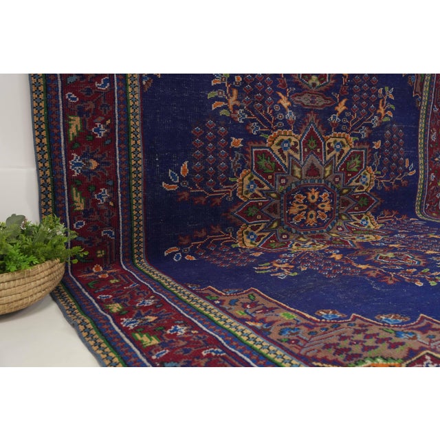 1970s 1970s Vintage Turkish Handmade Wool Cotton Blue Area Rug For Sale - Image 5 of 12
