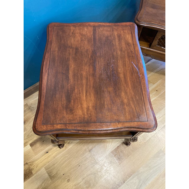 French Provincial French Provincial Wood Side Tables With Cabriole Legs and Mesh Side Panels, Set of 2 For Sale - Image 3 of 8