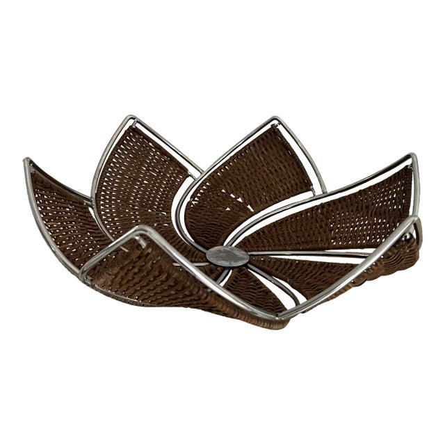 Vintage Wicker and Metal Decorative Bowl For Sale