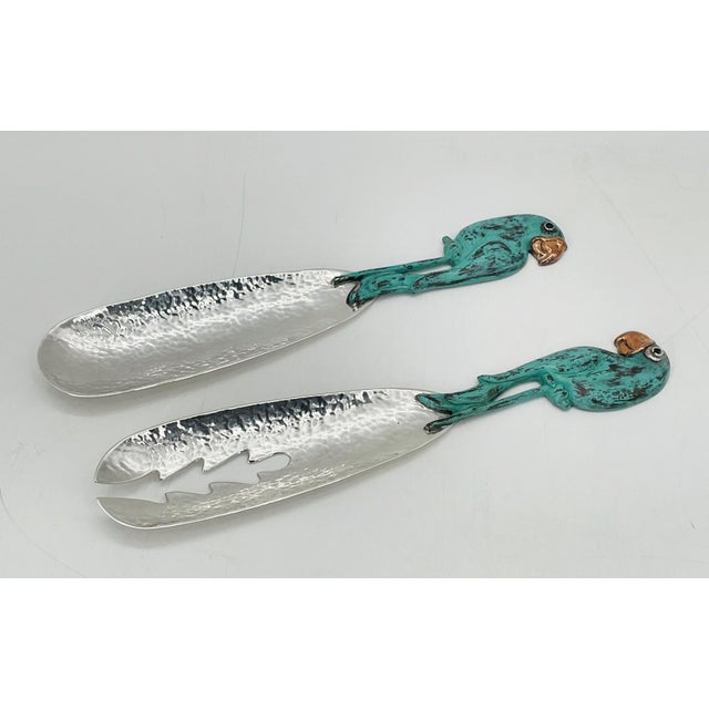 Mexican 1980s Rare Emilia Castillo Taxco Parrot Silverplate & Verdigris Serving Utensils For Sale - Image 3 of 18