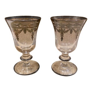 Pair of 1990s Arte Italica Vetro Wine Goblet With Silver Etched Trim For Sale