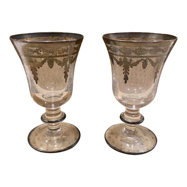 Pair of 1990s Arte Italica Vetro Wine Goblet With Silver Etched Trim For Sale