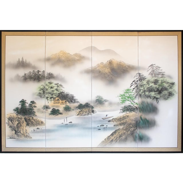 Large Showa Era Japanese Byobu Screen "Mountain Landscape With River" For Sale - Image 18 of 18