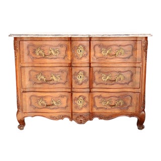 French Louis XV Grey Marble Top Walnut Commode Arbalete For Sale