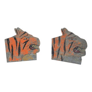 Vintage Folk Art Painted Metal Tiger Bookends - a Pair For Sale
