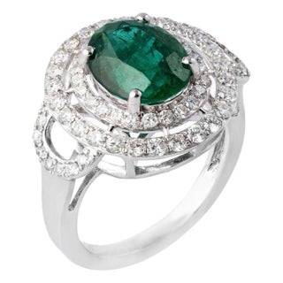 3.36 Carats Natural Zambian Emerald Ring with 1.01 Carats Diamonds and 14k Gold For Sale