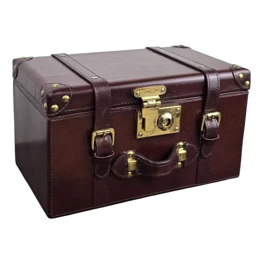 Vintage Brown Leather Storage Trunk with Brass Hardware | Chairish