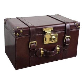 Vintage Brown Leather Storage Trunk with Brass Hardware For Sale