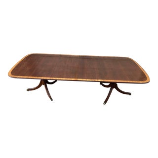 Early 20th Century Georgian Style Double Pedestal Inlaid Banded Mahogany Extension Dining Table With 2 Leaves. For Sale