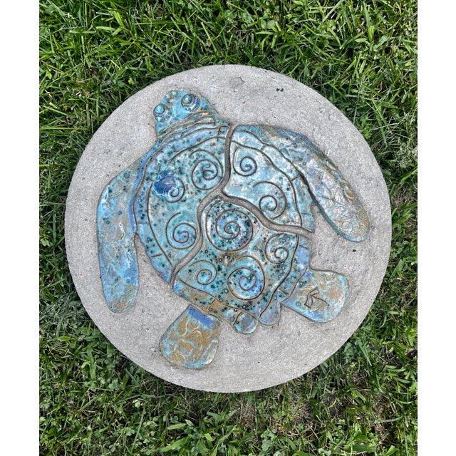 Blue and tan and green speckled Sea Turtle Mosaic garden stepping stone. Good condition.
