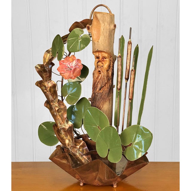 Folk Art Outsider Folk Copper Art Garden Indoor Water Fountain W/ Live Edge Log For Sale - Image 3 of 12