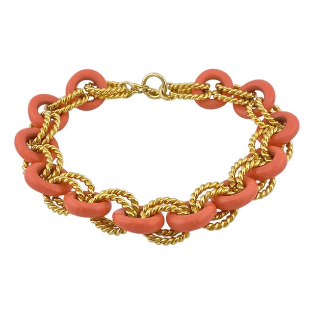 KJL Vintage Coral Resin and Gold Plate Chunky Link Necklace For Sale