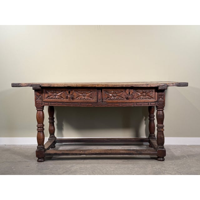 French Country Rare Antique 17th/18th Century European Rustic Oak Hand Carved Refectory Table For Sale - Image 3 of 18