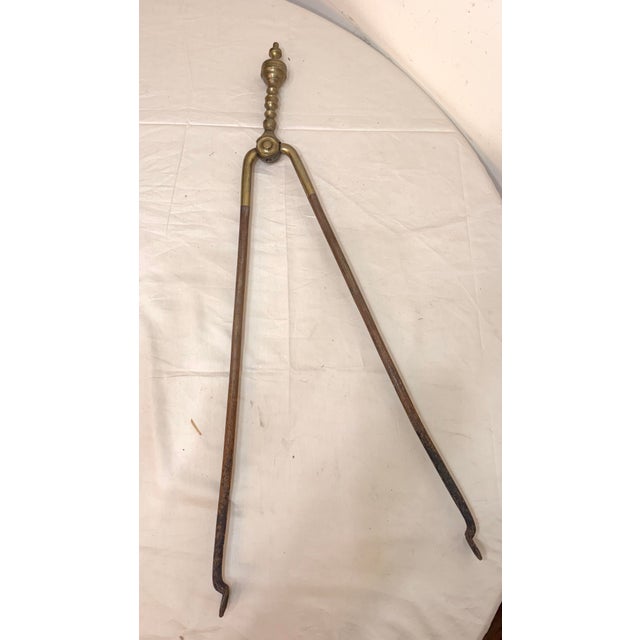 Antique 18th Century Wrought Iron Turned Brass English Fireplace Tongs Tool 3 For Sale - Image 10 of 10