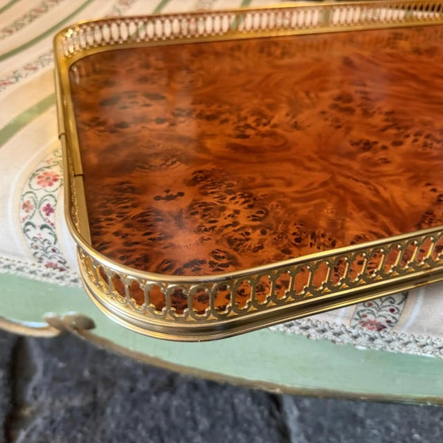 Victorian 1980s Victorian Style Faux Walnut Root Formica and Brass Tray by Mb Italy For Sale - Image 3 of 12