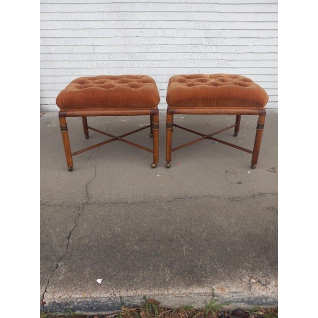 Hollywood Regency Late 20th Century Pair of Tufted Velour Ottomans With Faux Bamboo Legs By Hickory For Sale - Image 3 of 6