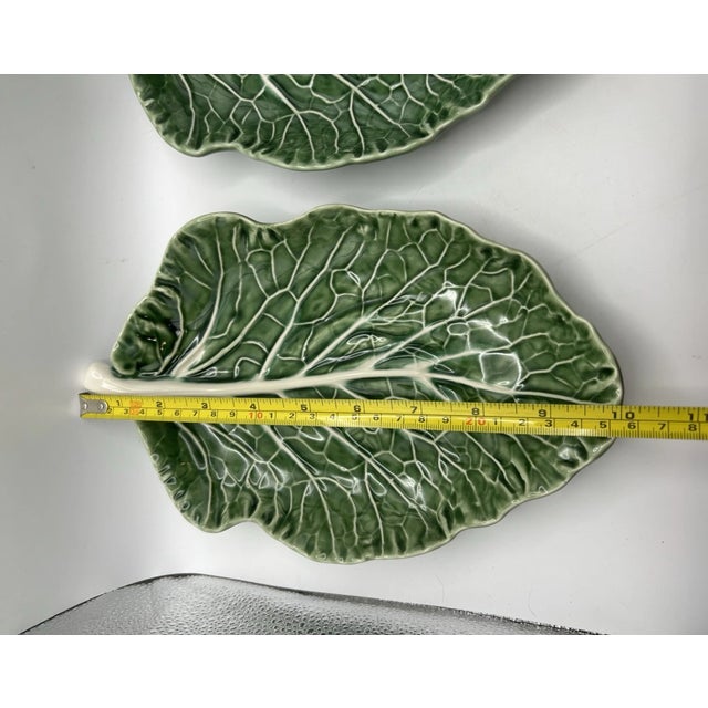 Mid-Century Modern Vintage Bordallo Pinheiro Green Cabbage Majolica Relish Dish 10 “- Set of 2 For Sale - Image 3 of 4