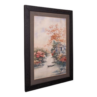 Vintage River Landscape Painting, Japanese School, Watercolour, Art, Mid Century For Sale