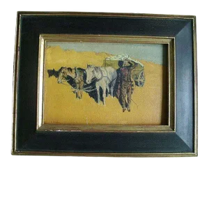 Late 19th / Early 20th c. American West Oil Painting on Board of a Cowboy with Horses and Wagon in a Desert Landscape