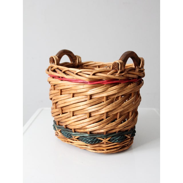 Wood Vintage Woven Basket With Red and Green Bands For Sale - Image 7 of 9
